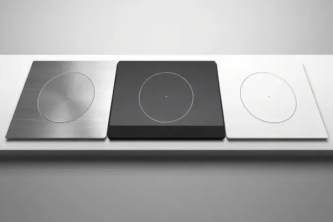 Comparação conceitual de acabamentos de cooktop em inox, vidro preto e vitrocerâmico