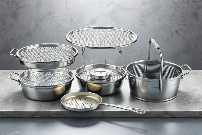 Acessórios de air fryer oven como bandejas perfuradas e espeto giratório em renderização 3D elegante.