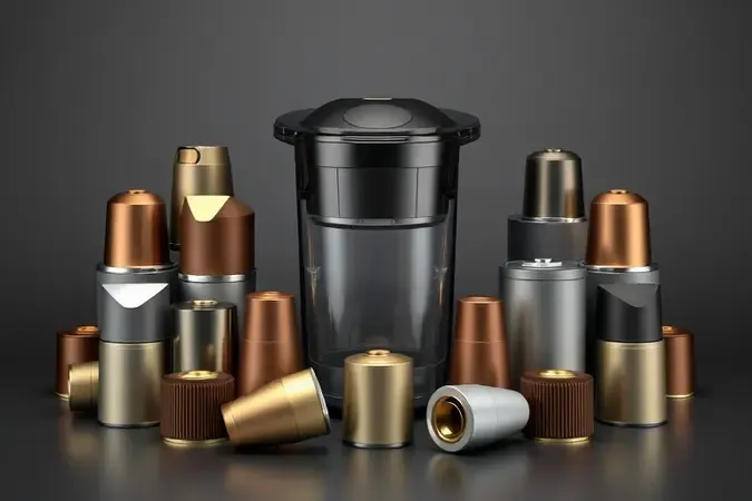 Representação 3D conceitual de adaptadores modulares e cápsulas coloridas sem marcas ao lado de uma cafeteira.
