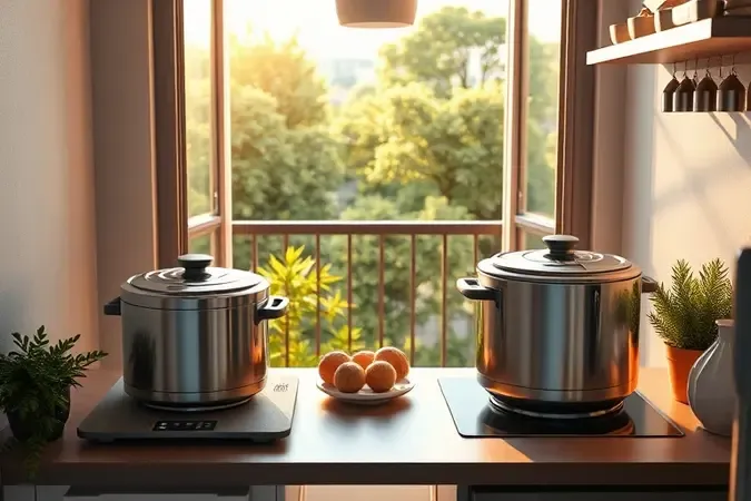 Comparação 3D conceitual de eletrodomésticos de churrasco para apartamento em bancada moderna.