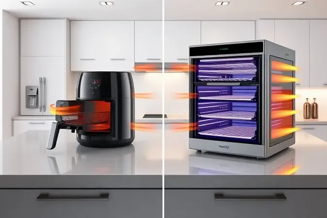 Comparação 3D entre fritadeira air fryer tradicional de cesto e modelo air fryer oven com prateleiras.