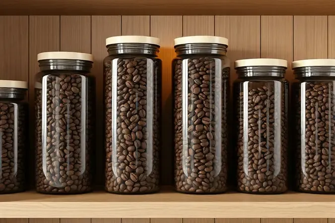 Grãos de café armazenados em recipientes herméticos para preservar o aroma em render 3D.