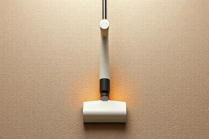 Aspirador vertical sem marca limpando tapete texturizado em render 3D conceitual com luz suave
