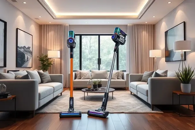 Conceito 3D de aspirador dois em um mostrando configuração vertical e modo portátil compacto.