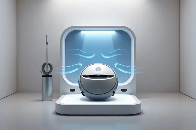 Estação base autolimpante moderna e conceitual conectada a um robô aspirador inteligente em ambiente minimalista.