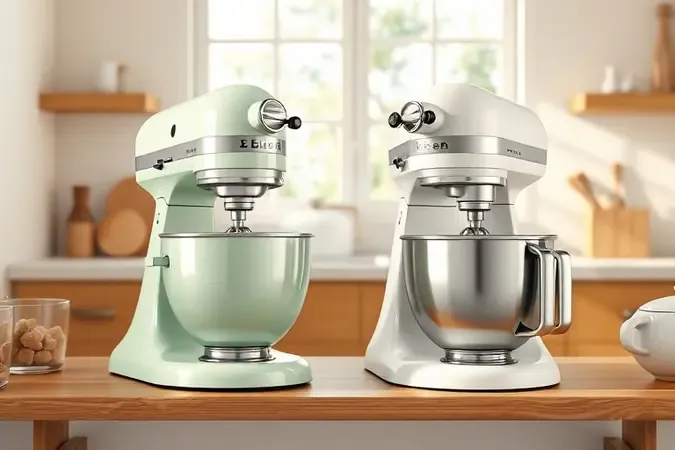 Batedeiras planetárias retrô e minimalista sem marca lado a lado em prateleira de cozinha