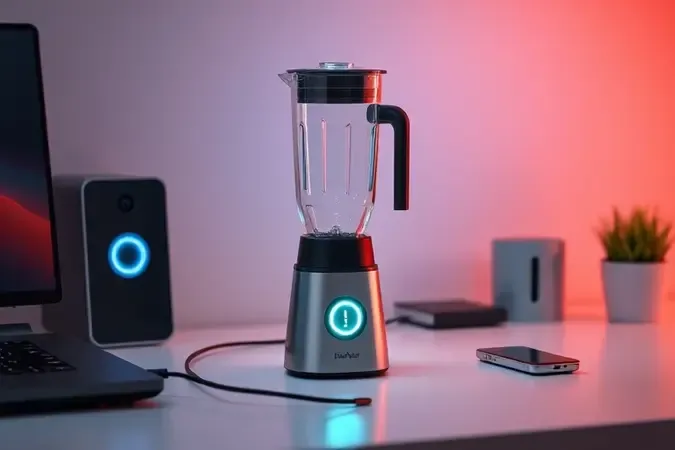Render 3D de liquidificador portátil sem fio carregando via cabo USB em ambiente limpo e moderno