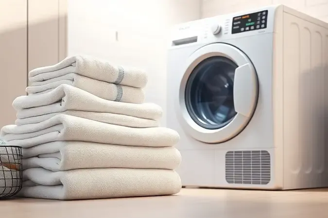 Render 3D de roupas limpas e dobradas ao lado de lava e seca, transmitindo frescor e eficiência