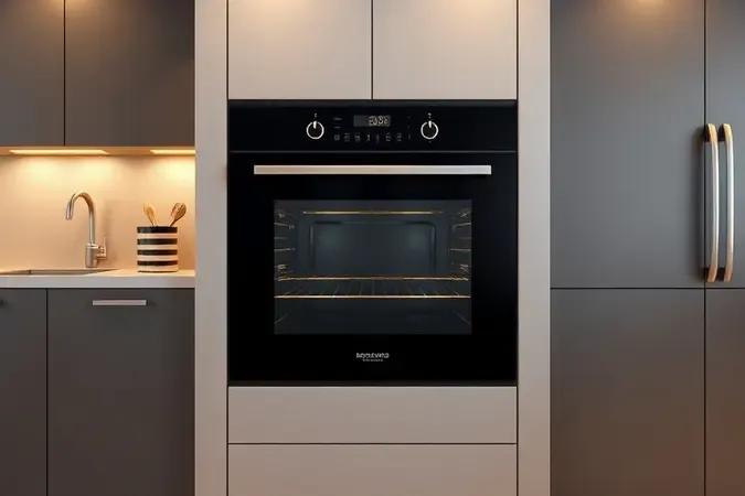 Forno elétrico de embutir em armário moderno com linhas minimalistas, vidro preto e iluminação interna quente