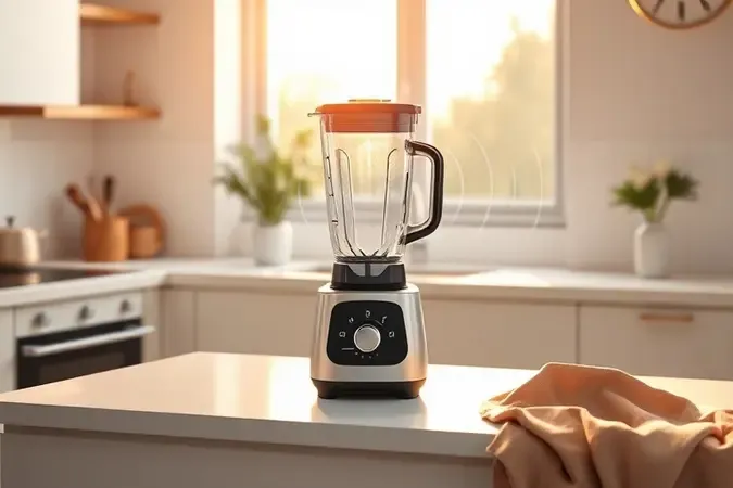 Render 3D de cozinha moderna com liquidificador silencioso e ondas sonoras se dissipando suavemente.