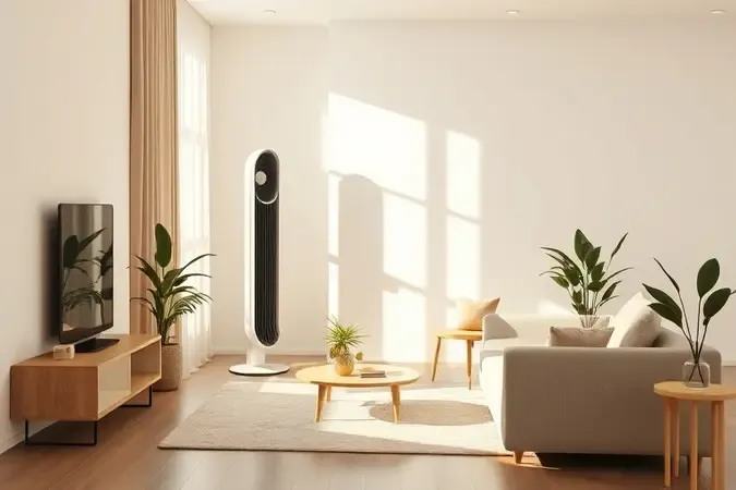 Ventilador torre elegante integrado a sala de estar minimalista em render 3D