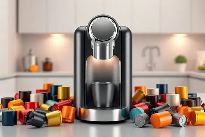 Cafeteira de cápsula universal sem marca com câmara aberta e cápsulas coloridas variadas em bancada moderna.