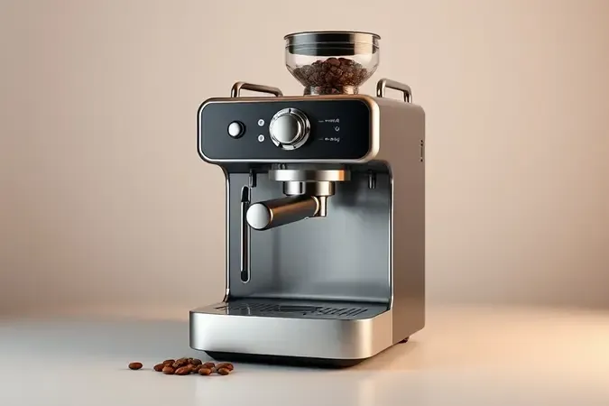 Cafeteira espresso com moedor integrado em render 3D conceitual destacando compartimento de grãos e porta-filtro.