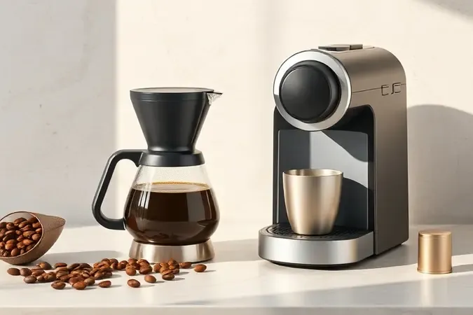 Comparação entre cafeteira de pó e cafeteira de cápsula em render 3D conceitual com grãos e cápsula.