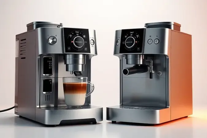 Diferença entre cafeteira superautomática e automática em render 3D conceitual com máquinas lado a lado.