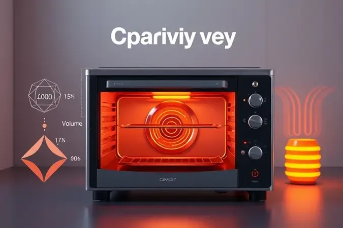 Representação conceitual em 3D de capacidade e potência de aquecimento de forno elétrico compacto.