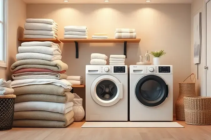 Visualização conceitual 3D de roupas de cama e toalhas dobradas ao lado de uma máquina de lavar de alta capacidade.