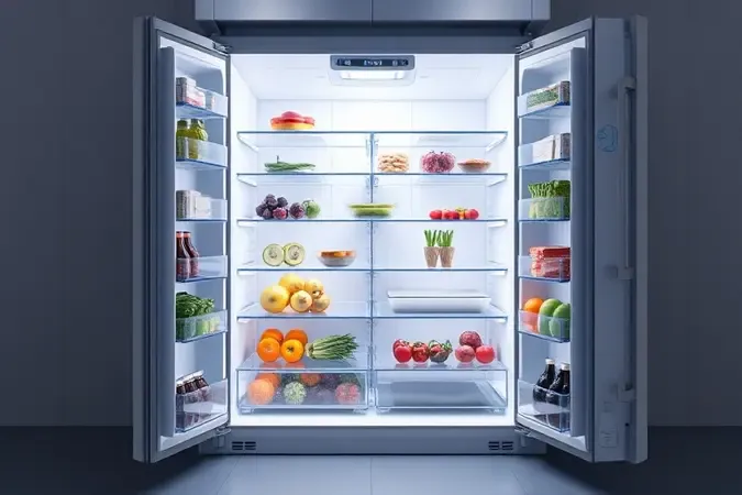 Visualização 3D de interior espaçoso e organizado de geladeira french door com iluminação suave.