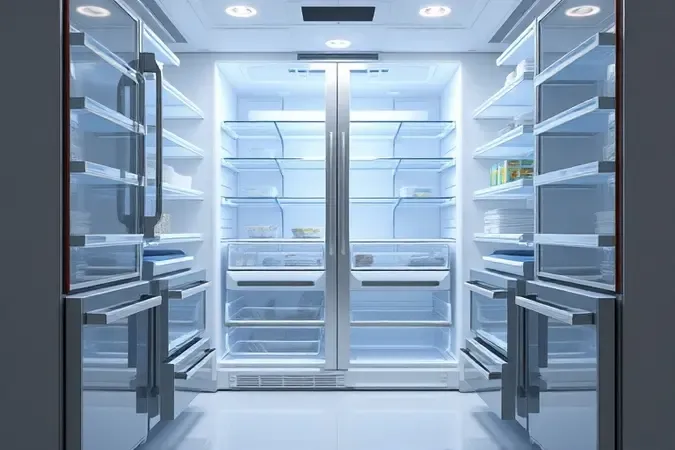 Render 3D do interior espaçoso de geladeira side by side com prateleiras e gavetas organizadas