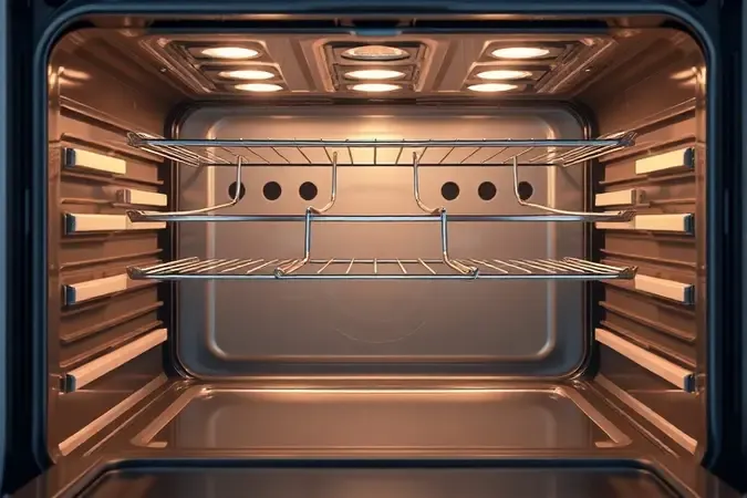 Interior espaçoso de forno elétrico sem marca em render 3D com prateleiras ajustáveis e cavidade limpa
