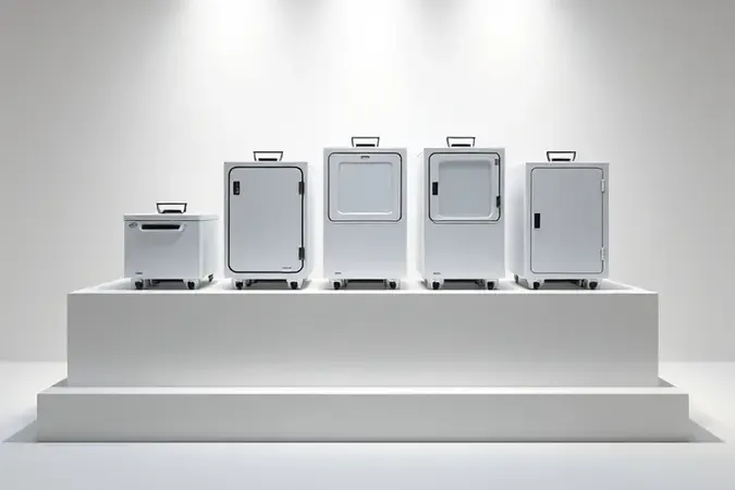 Render 3D conceitual mostrando diferentes tamanhos e capacidades de compartimentos para geladeiras automotivas.