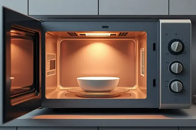 Visão conceitual do interior iluminado de um micro-ondas destacando capacidade e espaço interno.