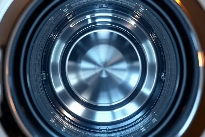 Renderização 3D em detalhes do interior de um cesto de aço inox para máquina de lavar roupas.