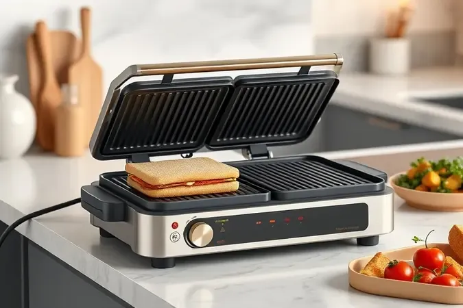 Comparação entre chapa lisa e ondulada de sanduicheira grill em render 3D moderno