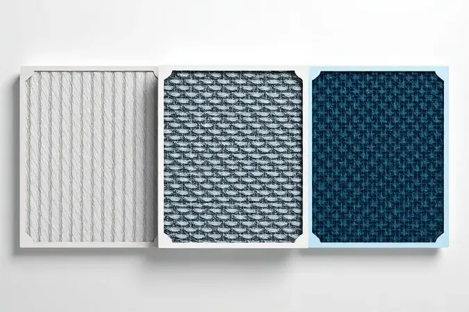 Três painéis de filtro em progressão visual representando as classificações HEPA H10, H12 e H13 com densidade crescente de filtragem.