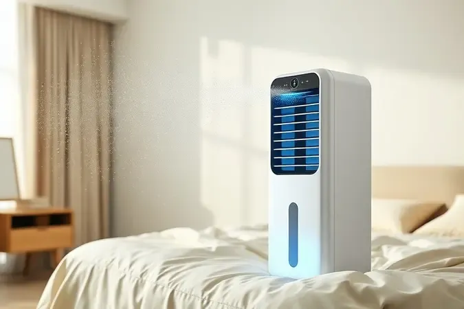 Climatizador evaporativo em quarto contemporâneo com névoa suave e iluminação difusa em tons de verde e bege