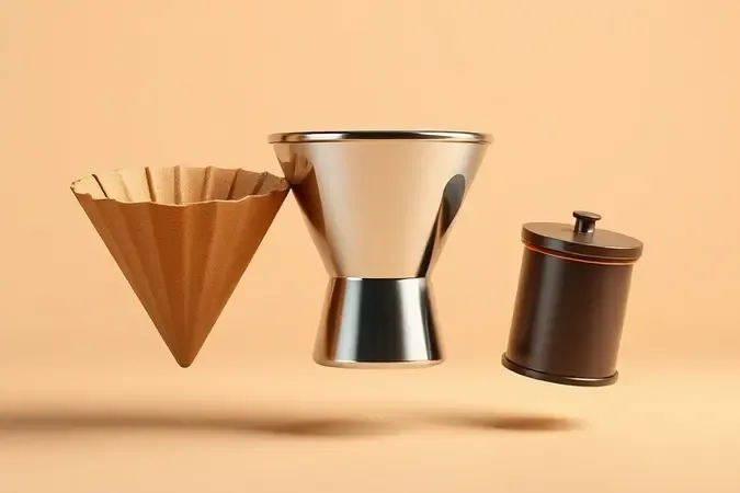 Métodos de extração de café: coador, porta-filtro de espresso e cápsula em composição conceitual
