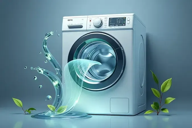 Ilustração conceitual 3D representando economia de água e energia em processos modernos de lavagem de roupas.