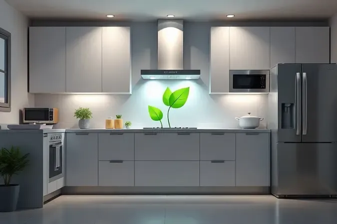 Conceito 3D de eficiência energética e sustentabilidade no uso de eletrodomésticos de cozinha.