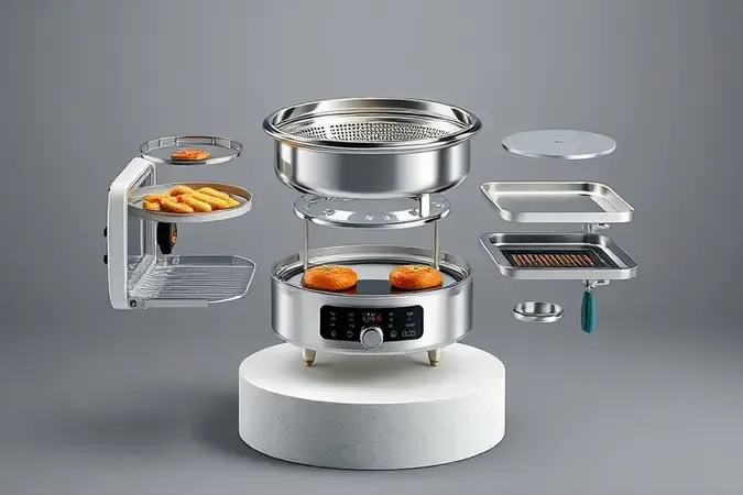 Ilustração 3D dos componentes e capacidade interna de uma air fryer oven de grande volume.