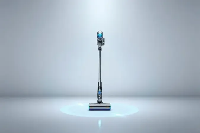 Render 3D conceitual de aspirador sem fio moderno com linhas de fluxo de ar representando sucção potente