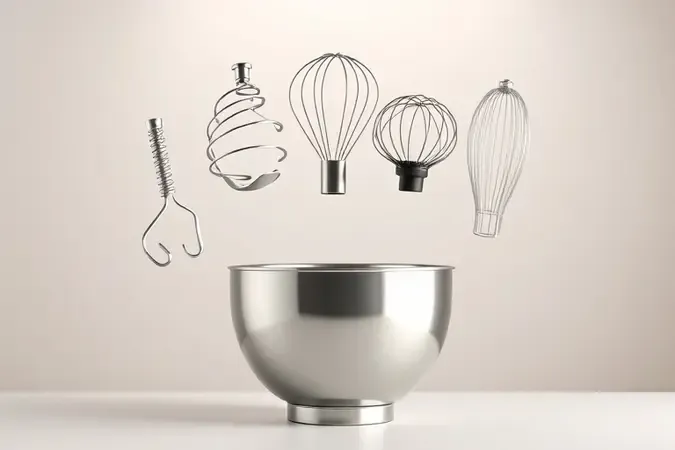Ilustração 3D com batedor tipo gancho e acessórios para batedeira de pão flutuando sobre tigela.