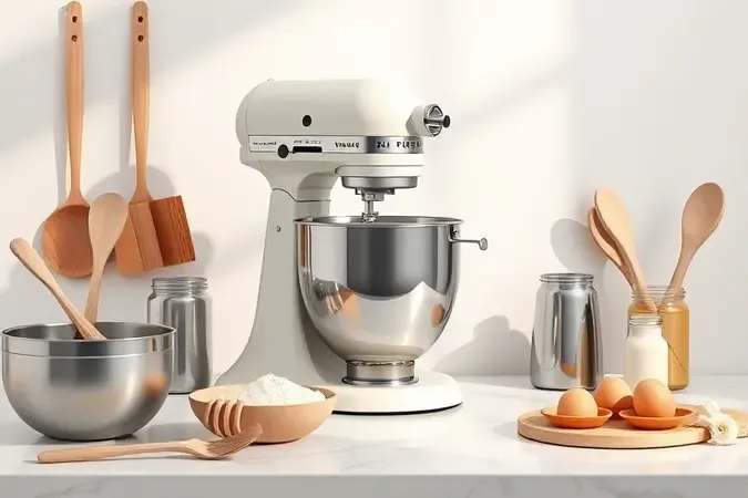 Conceito 3D de batedeira planetária sem marca com utensílios e ingredientes em bancada de mármore