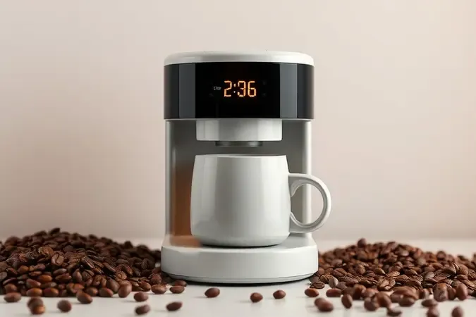 Cafeteira programável com timer digital ao lado de grãos de café e xícara em render 3D