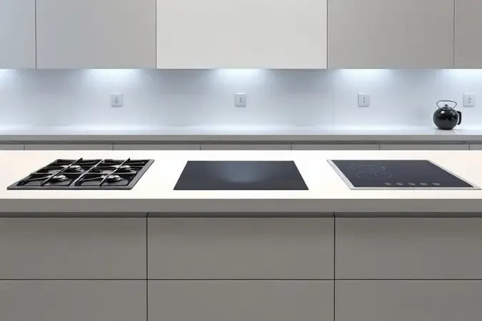 Três modelos de cooktop sem marca em bancada de cozinha moderna para facilitar a escolha