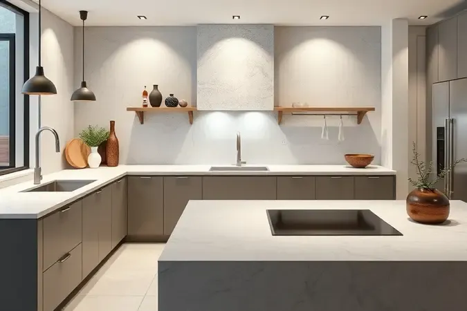 Ambiente conceitual de cozinha moderna com amostras de materiais para escolha de cooktop embutido