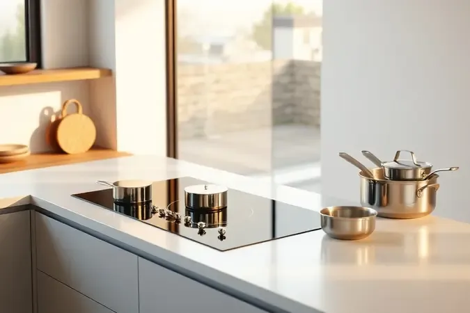 Cooktop de indução cinco bocas embutido em cozinha moderna com panelas de inox
