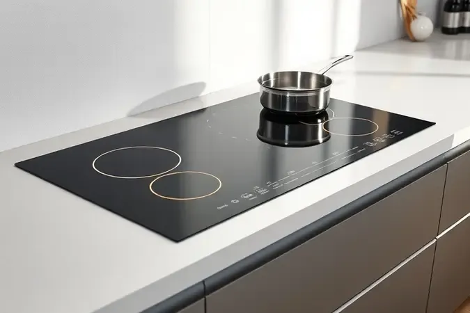 Cooktop por indução moderno em bancada minimalista com panela sem marca, zonas aquecidas discretas e iluminação natural suave.