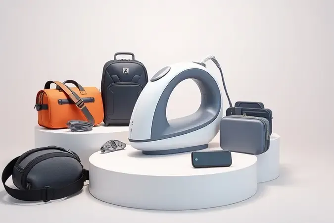 Ilustração 3D conceitual de ferro de passar compacto e itens essenciais para bagagem de viagem.