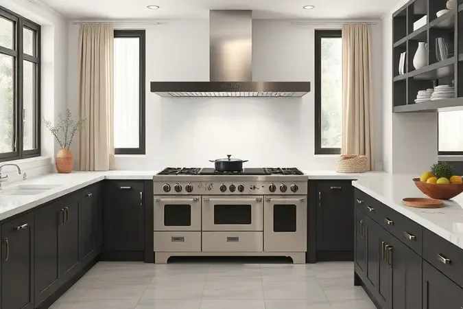 Renderização 3D conceitual de uma cozinha contemporânea destacando um fogão de cinco bocas estilizado.