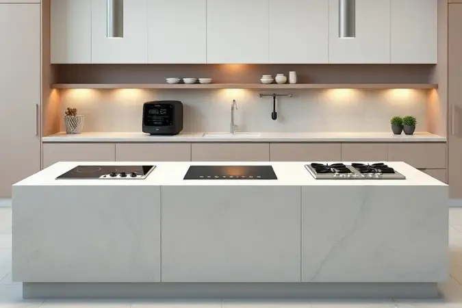 Opções de fogões de embutir modernos com mesa de vidro e inox sobre bancada de pedra em render 3D conceitual