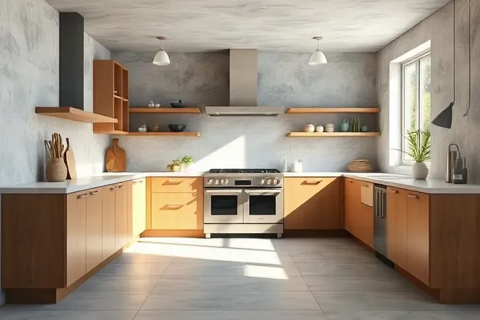 Visualização conceitual em 3D de fogão moderno em cozinha planejada com iluminação natural.