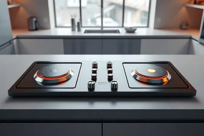 Visualização 3D conceitual de uma superfície de fogão quatro bocas com design contemporâneo.