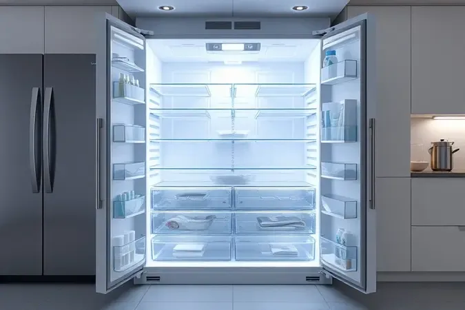 Visualização 3D de interior de geladeira moderna organizada com prateleiras de vidro e iluminação suave.