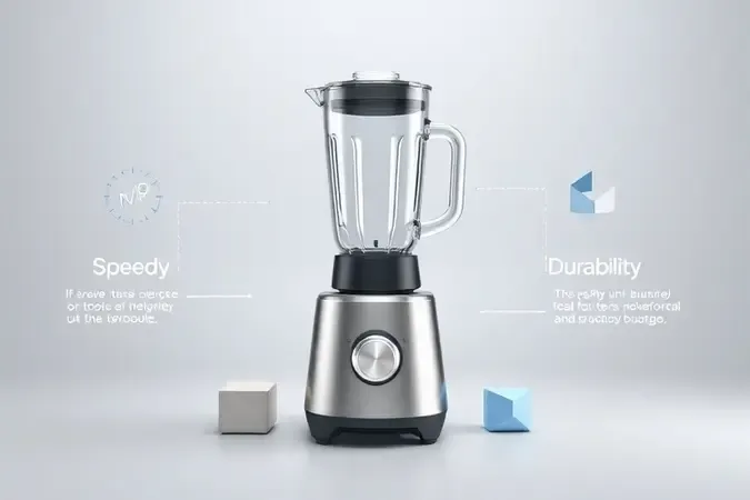 Render 3D conceitual com liquidificador industrial e elementos que representam capacidade e potência