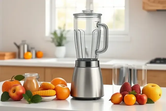 Liquidificador sem marca em render 3D sobre bancada minimalista com frutas frescas e iluminação natural suave.